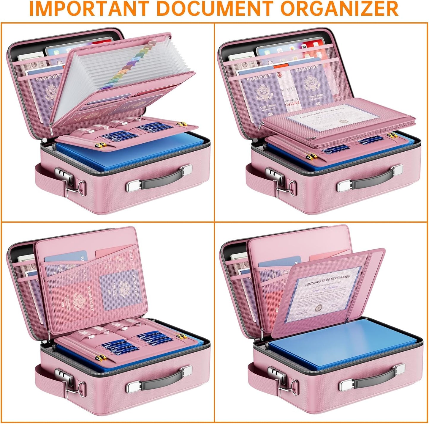 DocSafe Fireproof Document Box with Lock&Shoulder Strap,Hard Case File Organizer with Accordion File Folder,Multi-Layer Portable Home Office Travel Safe Storage for Important Documents Laptop Pink