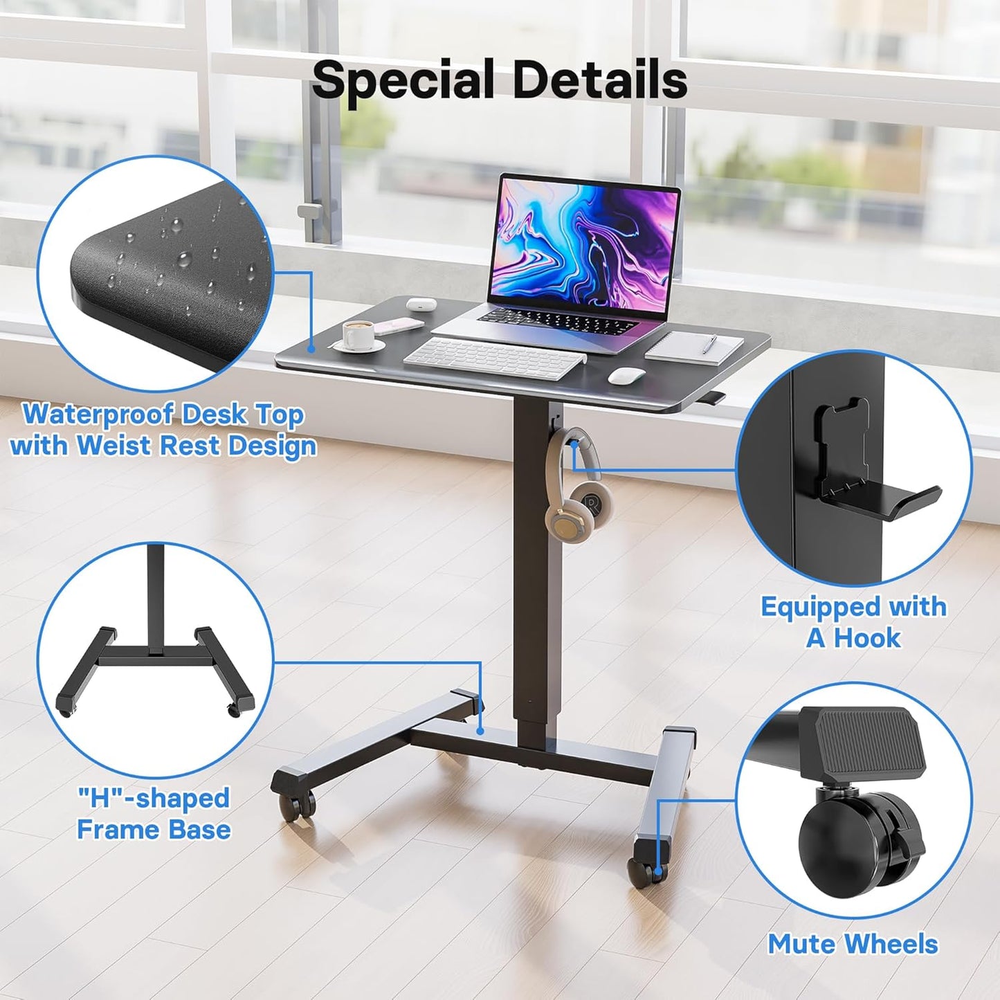 BONTEC Mobile Standing Desk Adjustable Height, Rolling Laptop Cart with Hook, Portable Workstation with Pneumatic Lift, Ergonomic Table with Wheels, Compact Home Office Desk, Black 25.6" x 17.7"