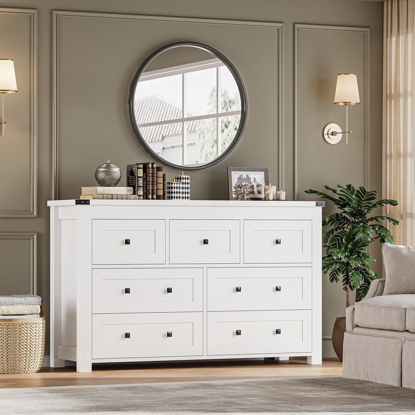 7-Drawer Dresser, Modern Wooden Storage Chest of Drawers, Dresser TV Stand, Wood Drawer Organizer with Metal Handles for Bedroom, Living Room, Hallway