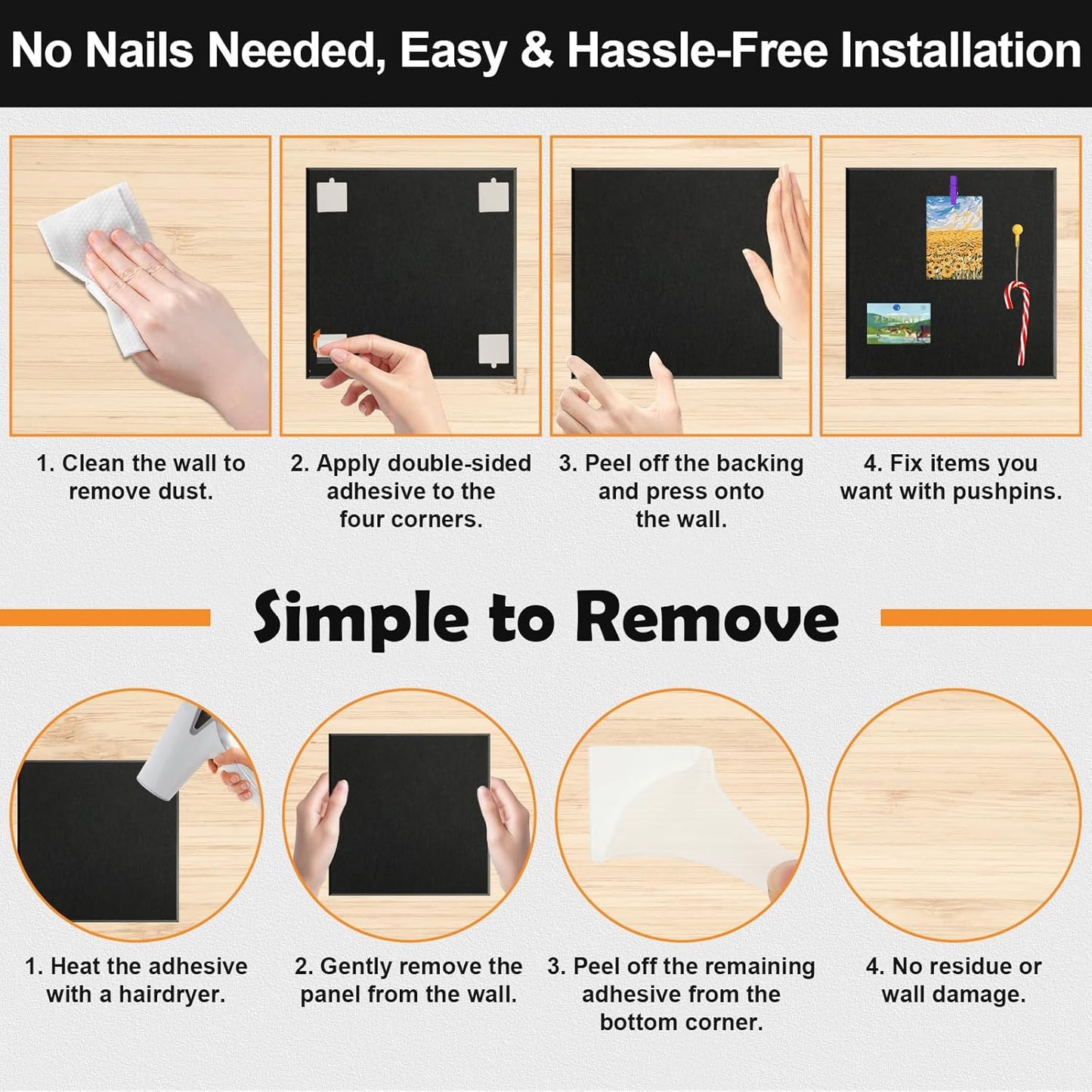 8 Pack 24"x48" Cork Boards for Walls, 89 Pcs Felt Cork Board Bulletin Board Kit with 40 Double-Sided Tapes, 30 Pushpins, 5 Clip Push Pins & 5 Push Pin Hooks, Wall Tile Vision Board for Office Home