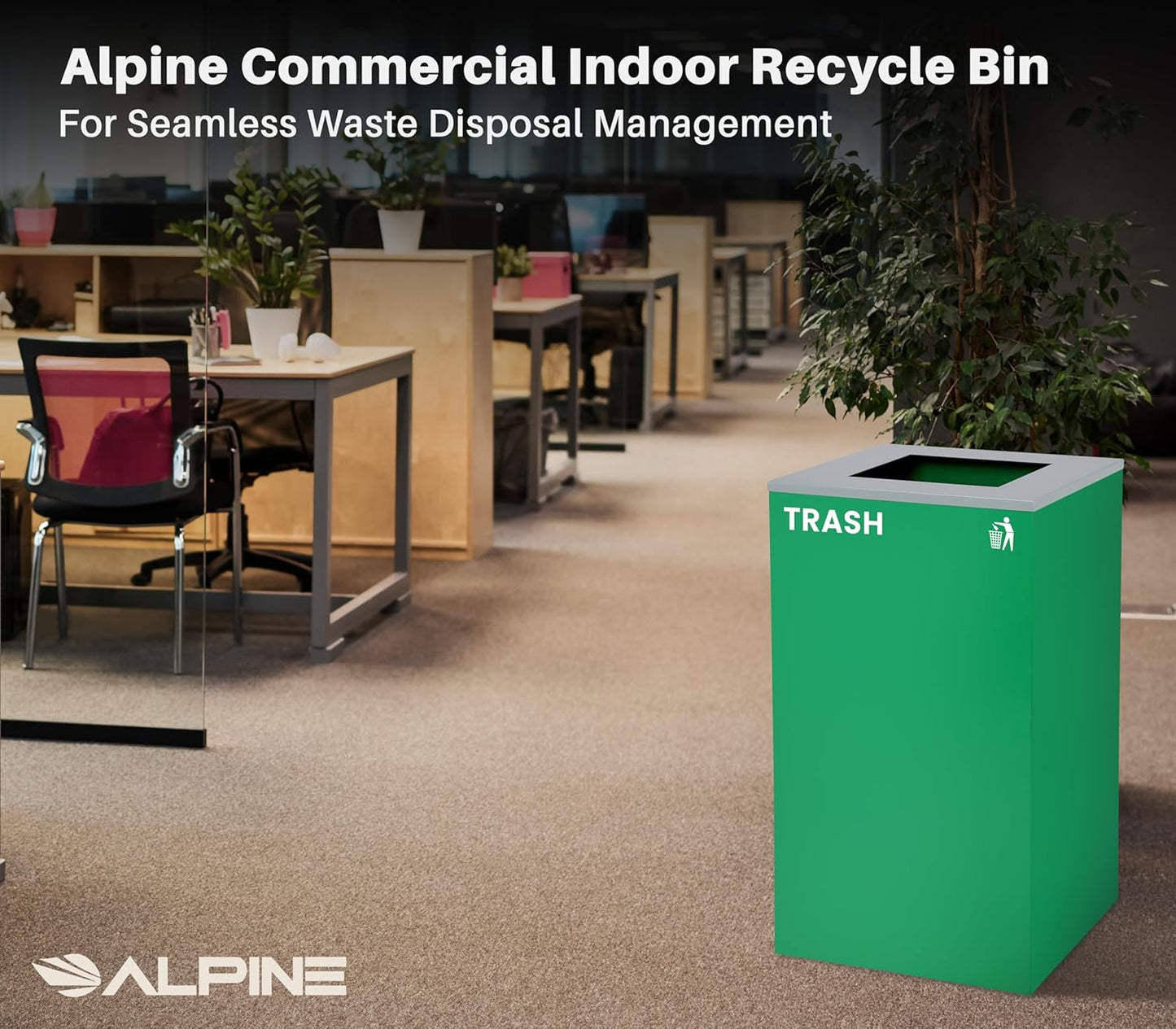 Alpine Commercial Indoor Recycle Bin - 29 Gallon Modern Looking Green Recycle Bin, Office Recycling Bins, Metal Trash and Recycling Container with Stickers & 3 Optional Lids (lid Sold Separately)