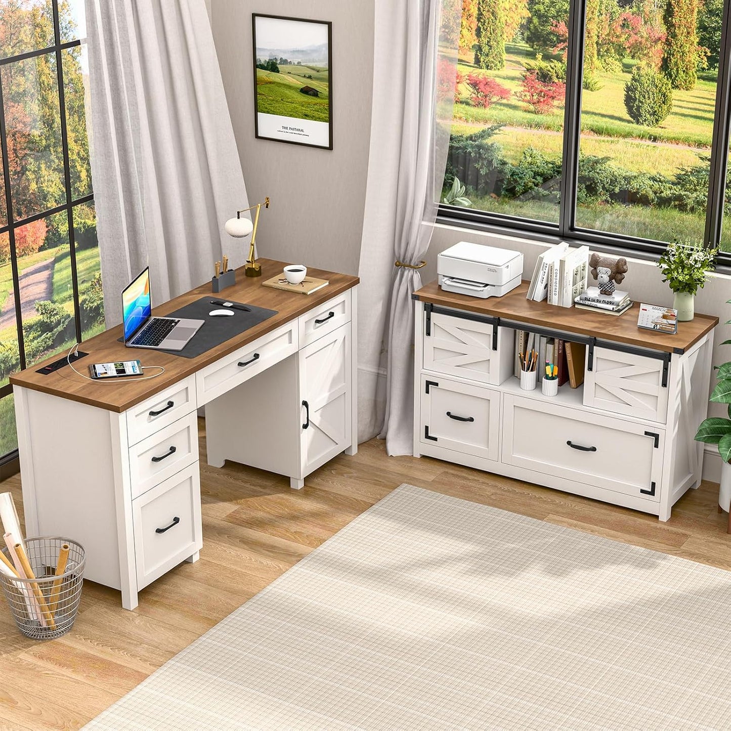 Lateral File Cabinets 2 Drawer with Sliding Barn Doors, Farmhouse Filing Cabinet with 2 Drawer for Home Office,Filing Organization Storage Cabinets for Hanging Files Letter/Legal/F4/A4.(Brown.)