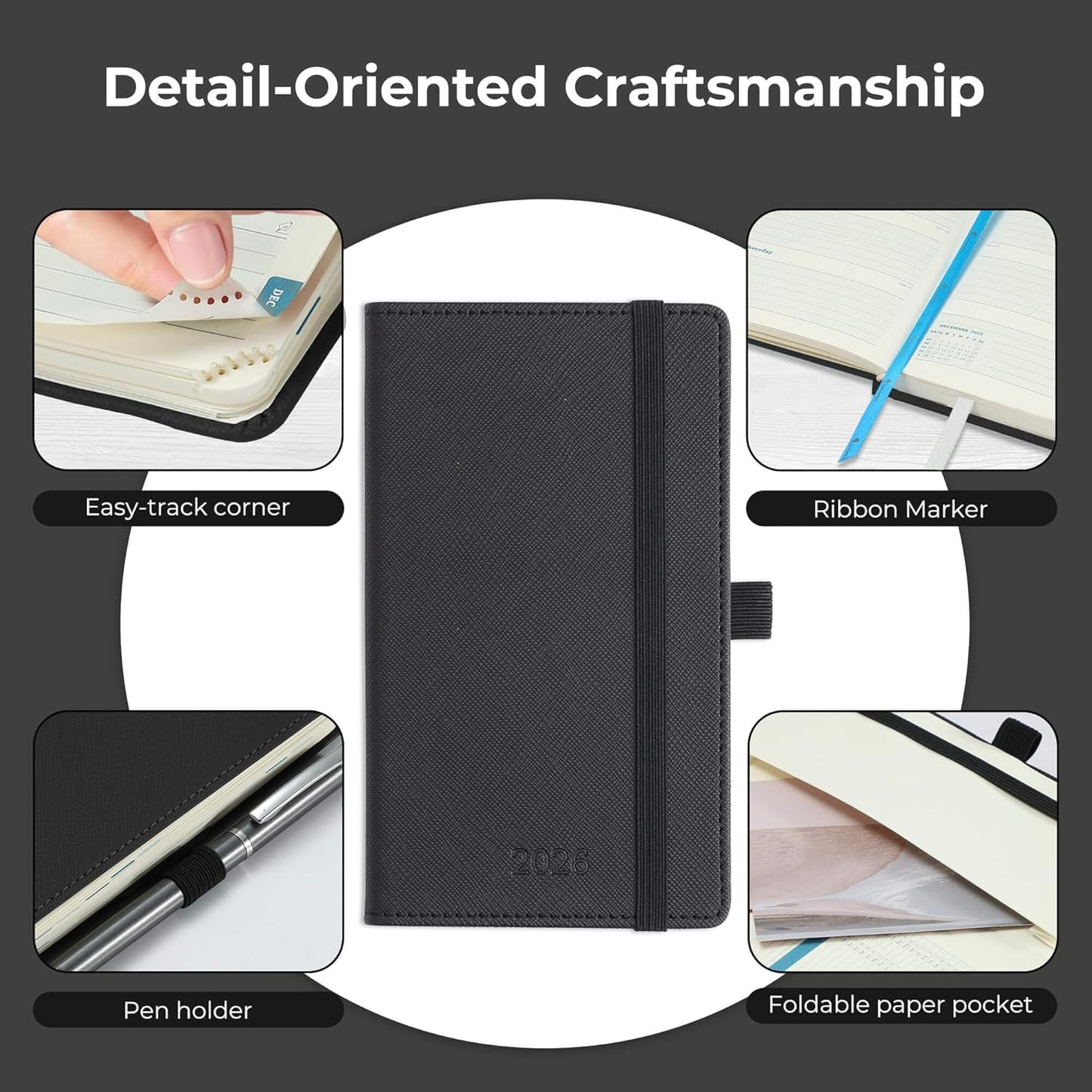 Weekly Monthly 2026 Planner (Jan.26-Dec.26),6.5"x3.75",12 Months Agenda Plan with Month Tabs & Pocket,Expenses/Note Pages, Appointment Book Calendar with Hardcover Vegan Leather Cover,Black