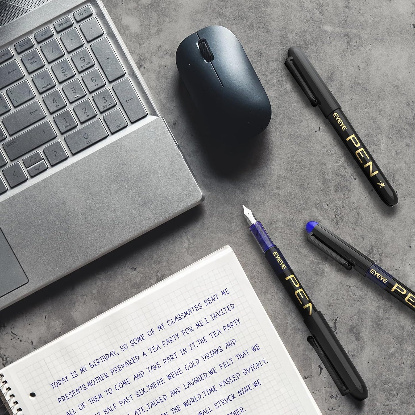 EYEYE Fountain Pens for Writing, 8 Pack Blue Fine Point Pens Disposable Fountain Pens Stainless Steel Nib, Smooth Writing for Journaling, Drafting, Sketching, Doodling & Office Supplies