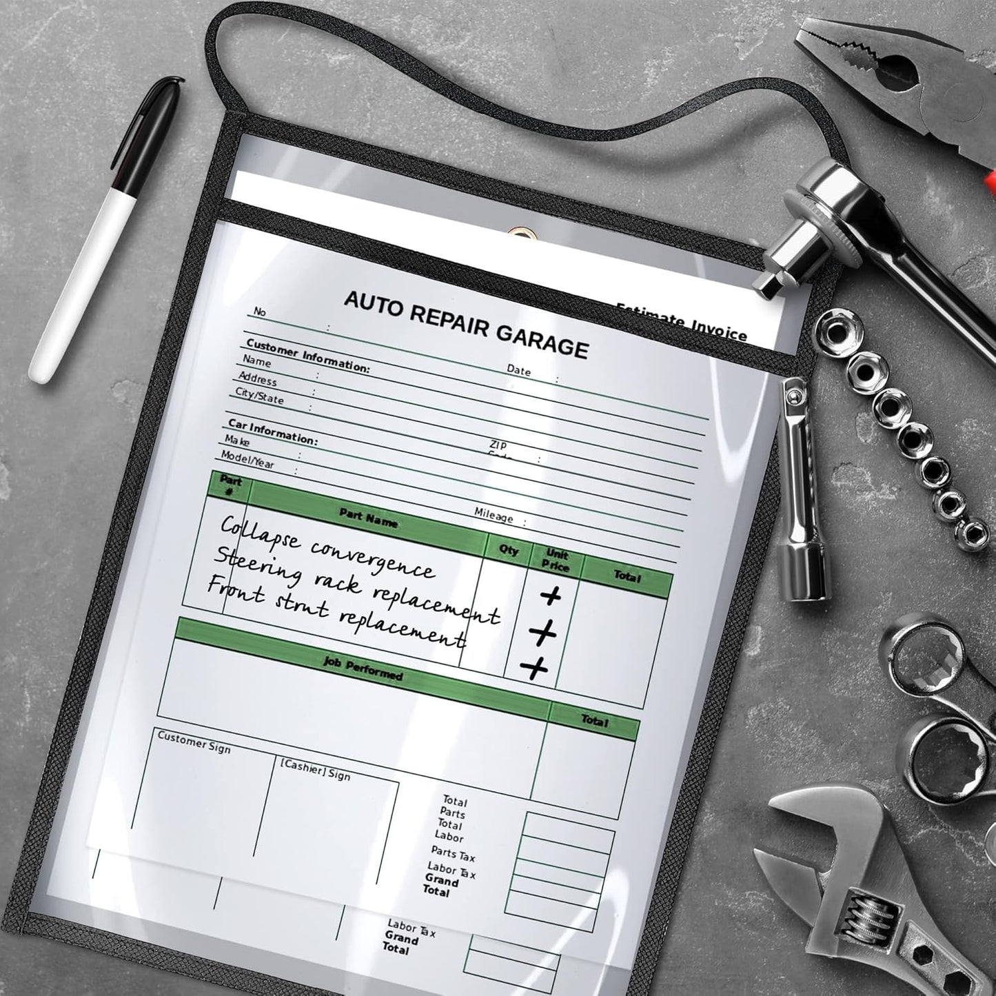 30 Pack Job Ticket Holders 9x12 with Strap - Hanging Shop Ticket Holders - Work Order Plastic Sleeves for Documents - Dry Erase Pocket Sleeves - Dry Erase Pockets - Clear Pocket Sleeve 9 x 12