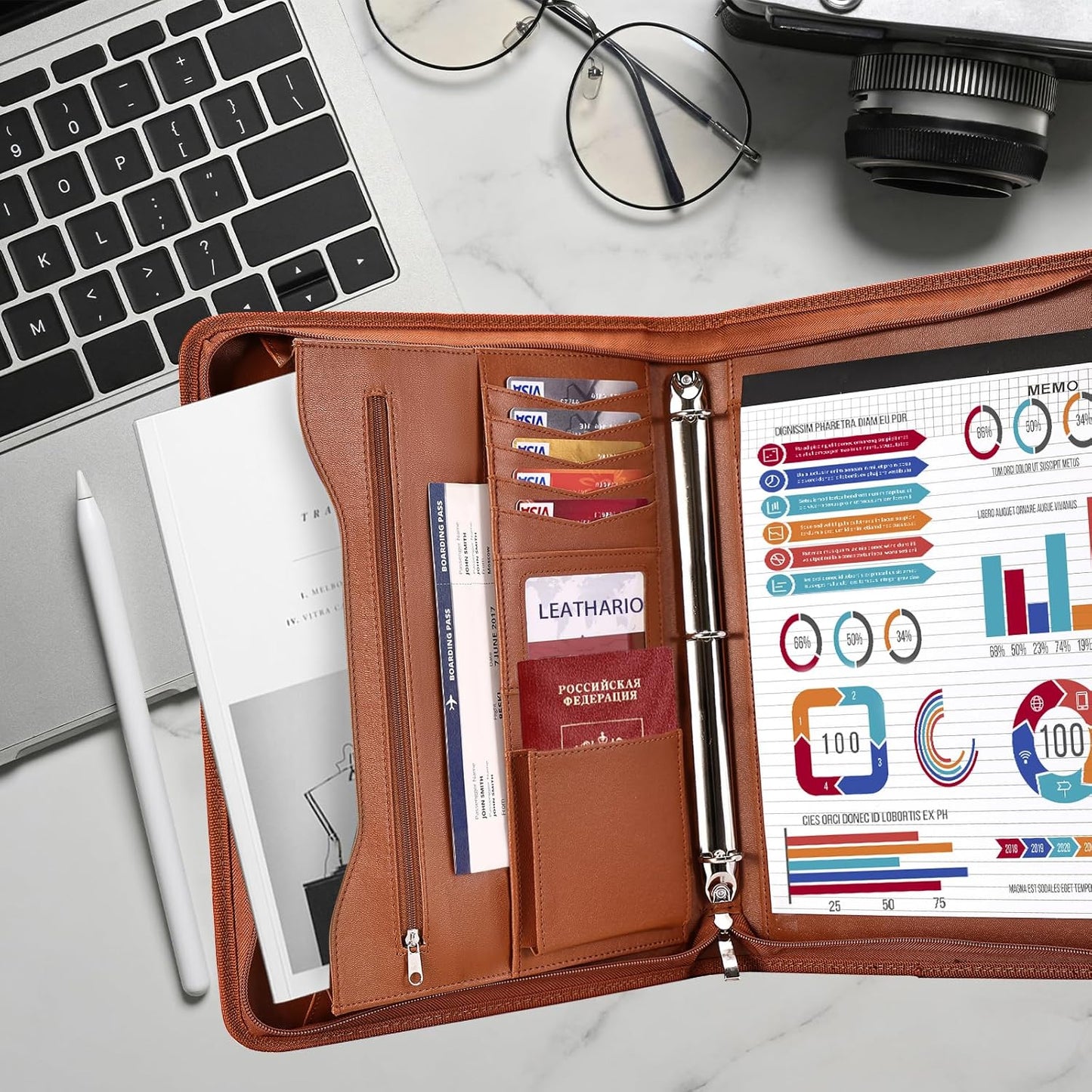 Leathario Portfolio Binder, Includes 10 Sheet Protectors and 3 Notepads, 3-Ring Folder Organizer, A4 Padfolio with Zipper, Vegan Leather Tablet Sleeve, Business Office Conference Clipboards