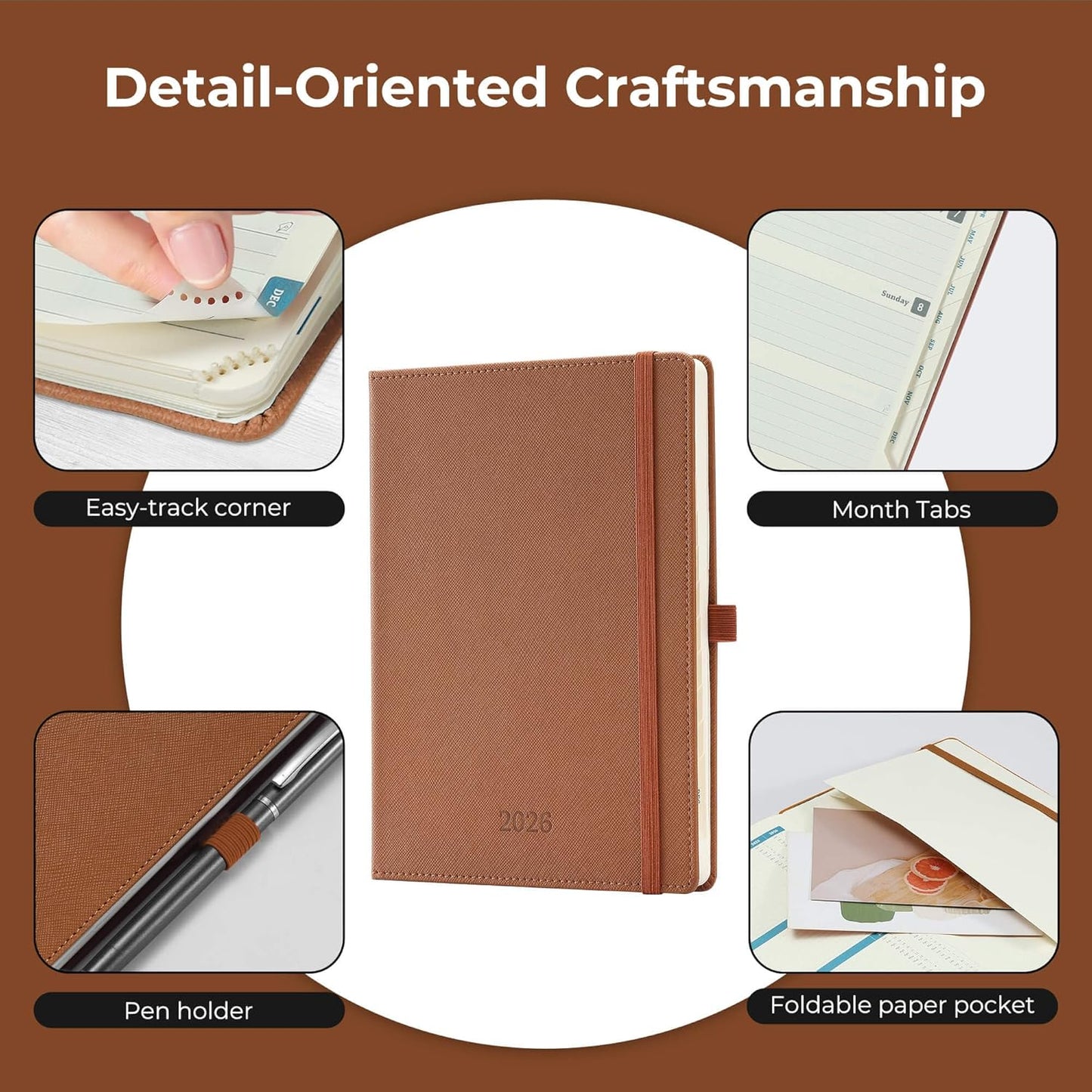 Weekly Monthly 2026 Planner (Jan.26-Dec.26),8.5"x6.5",12 Months Agenda Plan with Month Tabs & Pocket,Expenses/Note Pages, Appointment Book Calendar with Hardcover Vegan Leather Cover,Brown