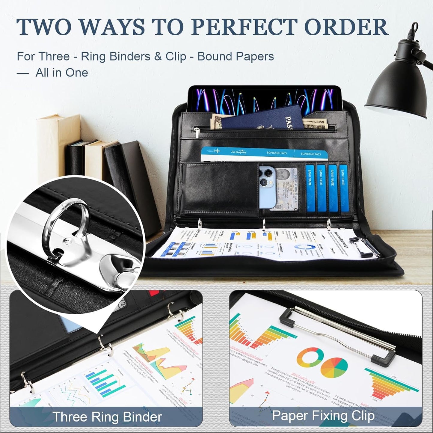 Faux Leather Portfolio Binder with Handle & Clipboard, Zippered Padfolio Folder Organizer 3 Ring Binder for Document, Business Card Holder, Professional Portfolio Notebook for Men & Women (Black)