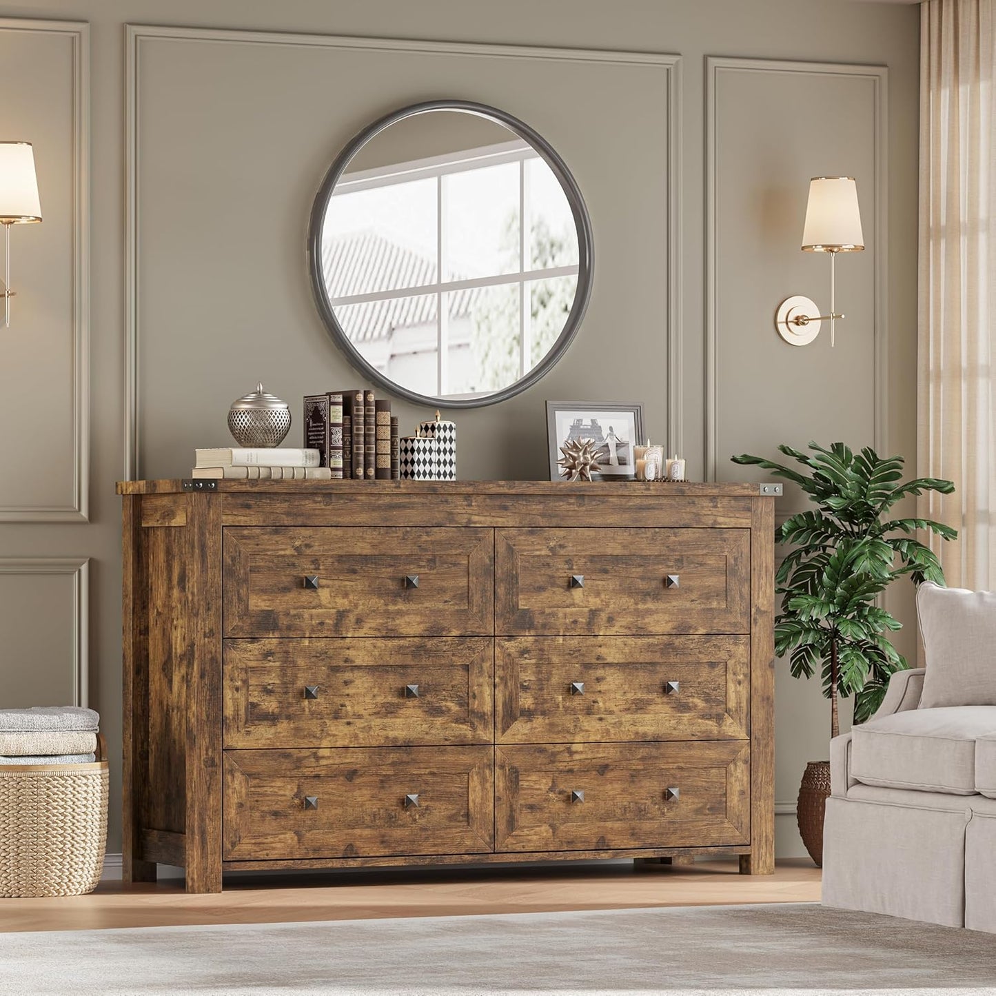 6-Drawer Dresser, Modern Wooden Storage Chest of Drawers, Dresser TV Stand, Wood Drawer Organizer with Metal Handles for Bedroom, Living Room, Hallway