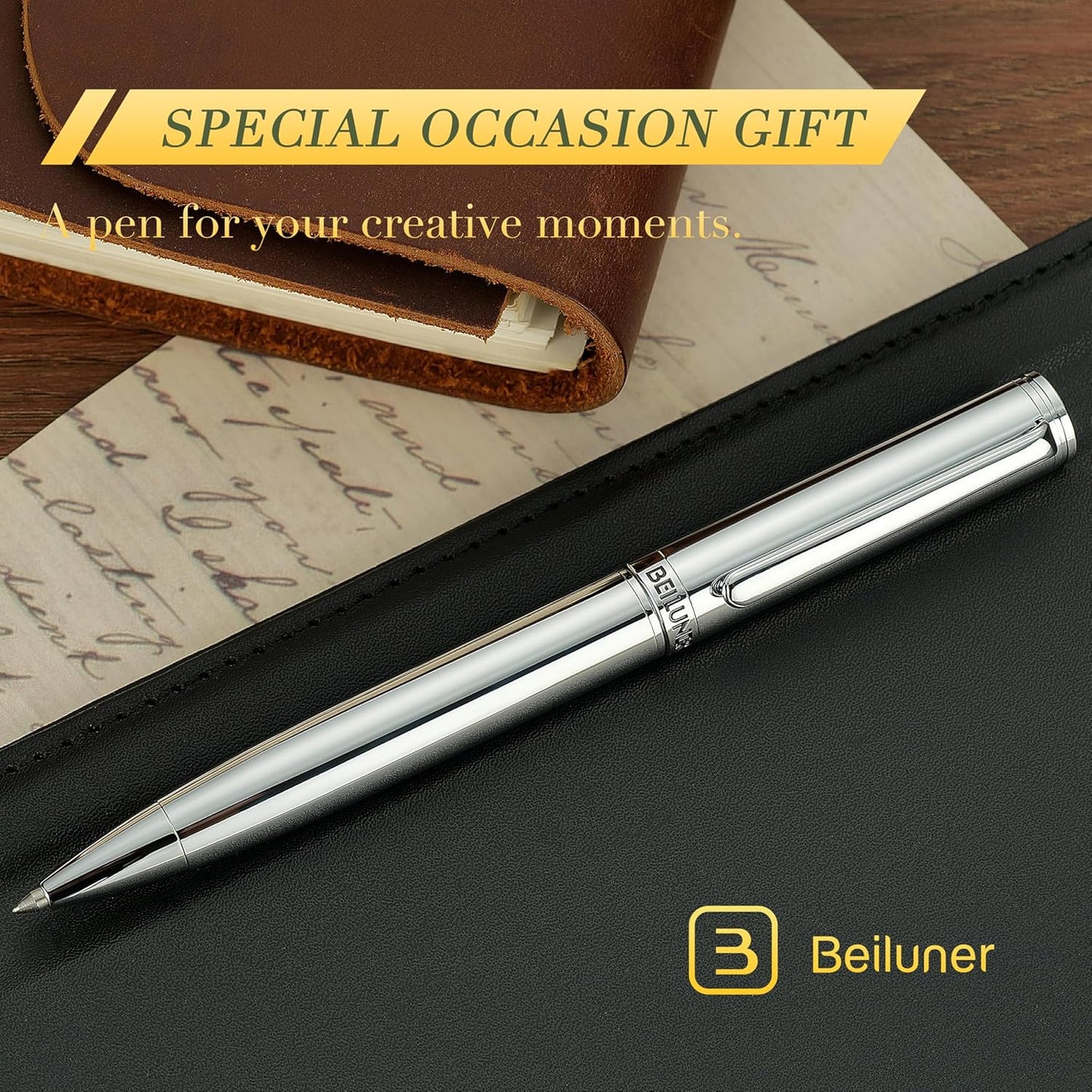 BEILUNER Silver Gel Pen - Luxury Featuring Bright Chrome Finishes, Black Ink Refill, Best Pen Gift Set for Men & Women, Business Signature, Executive, Office Retractable,Nice Fancy Designer Pens