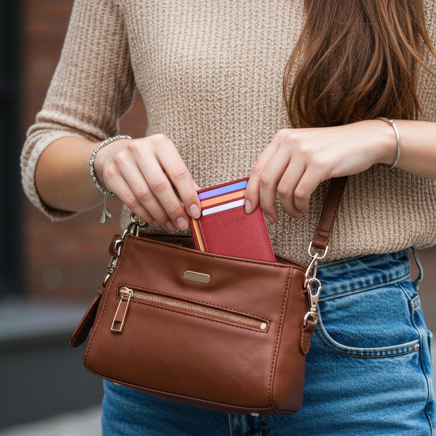 Buffway Slim Minimalist Front Pocket RFID Blocking Leather Wallets for Men and Women - Cross Red