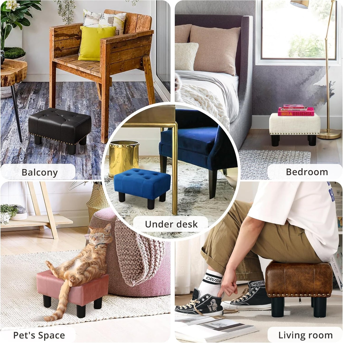 LUE BONA Small Tufted Foot Stool, Beige Linen Rivet Tufted Footrest with Plastic Legs, 9''H, Rectangle Foot Stools for Adult with Non-Slip Pads, Sofa Footstool for Living Room, Couch