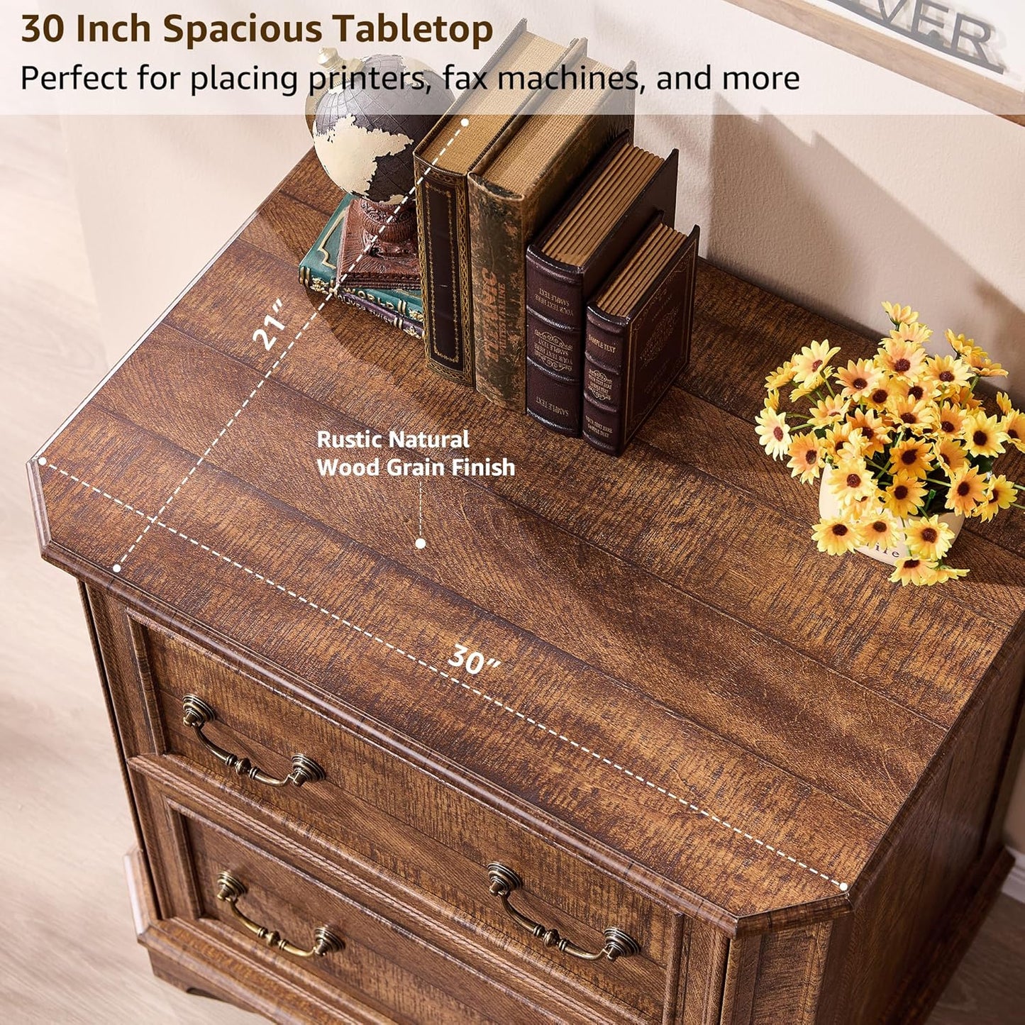 T4TREAM 2 Drawer File Cabinet Set of 2, 30" Wide Wooden Extended Desktop, Farmhouse Filing Cabinet with Smooth Rails, Holds Letter/Legal/A4, Hexagonal Design & Framed Drawer Fronts, Reclaimed Barnwood