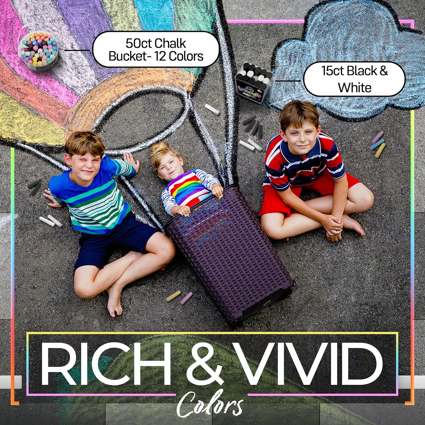 Loddie Doddie Sidewalk Chalk Jumbo Sticks - 15 Count Bucket, 10 Black & 5 White - Non-Toxic Low-Dust Sticks For Kids & Adults - Outdoor Chalk Bucket For Kids Activities