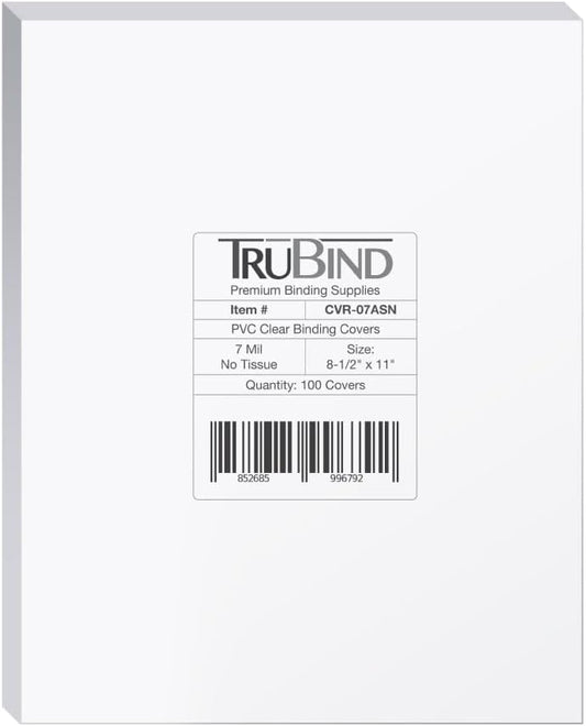 TruBind Binding Covers for Reports and Presentations - Crystal Clear PVC - 7 Mil Thick - Letter Size - 8 1/2 inch x 11 inch - Square Corners - No Tissue Interleaving - 100/Bx (CVR-07ASN)