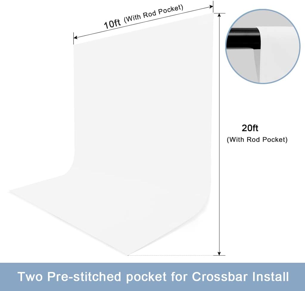 10X20ft White Photo Backdrops for Photography, LCUIRC TWO ROD POCKET White Backdrops Curtain for Parties, Polyester White background with 4 Clamps for Product Protrait Photoshoot or Parties Decoration