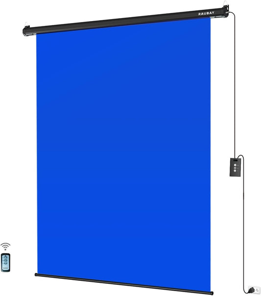 RAUBAY Motorized Pull Down Blue Screen - 59.8" x 86.6" Collapsible Wall-Mount Background for Professional Video Production, Chroma Key Backdrop for YouTube, TikTok, Streaming, Video Conferencing
