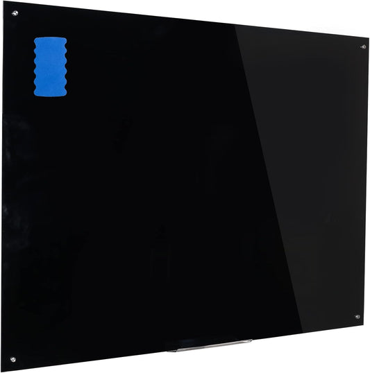 48" x 36" Magnetic Black Glass Board - Frameless Tempered Glass Dry Erase Blackboard with Marker Tray & Eraser, Premium Interactive Whiteboard- Frosted Surface for Office, Classroom, or Home