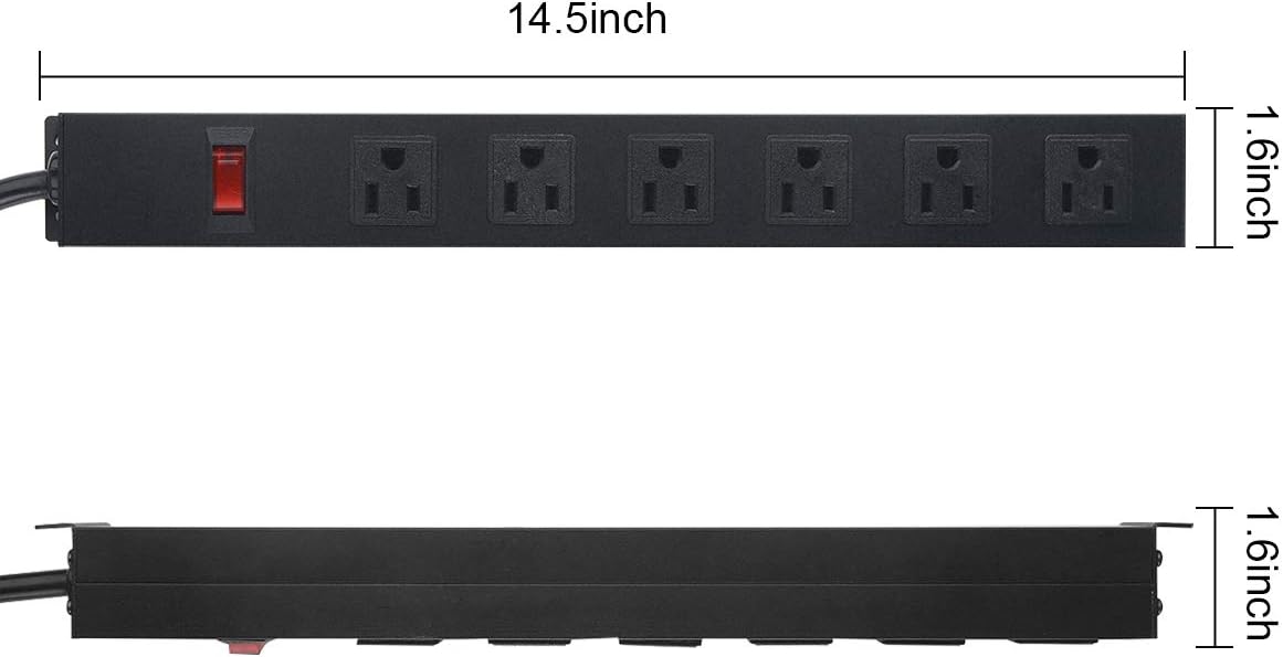 Metal Wall Mount Power Strip, Mountable Power Outlet with 6 AC Outlets, Aluminum Alloy Mount Power Socket with Switch, 6 FT SJT 3/C 14AWG Power Cord, 15A 125V 1875W (6AC) Black