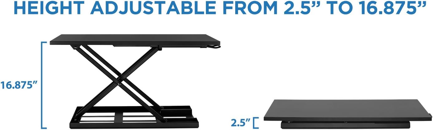 Mount-It! Standing Desk Converter, Sit Stand Desk Riser with Gas Spring, Ergonomic Height Adjustable Desktop Platform, Collapsible Slim Profile, Preassembled Workstation for Home & Office, Black