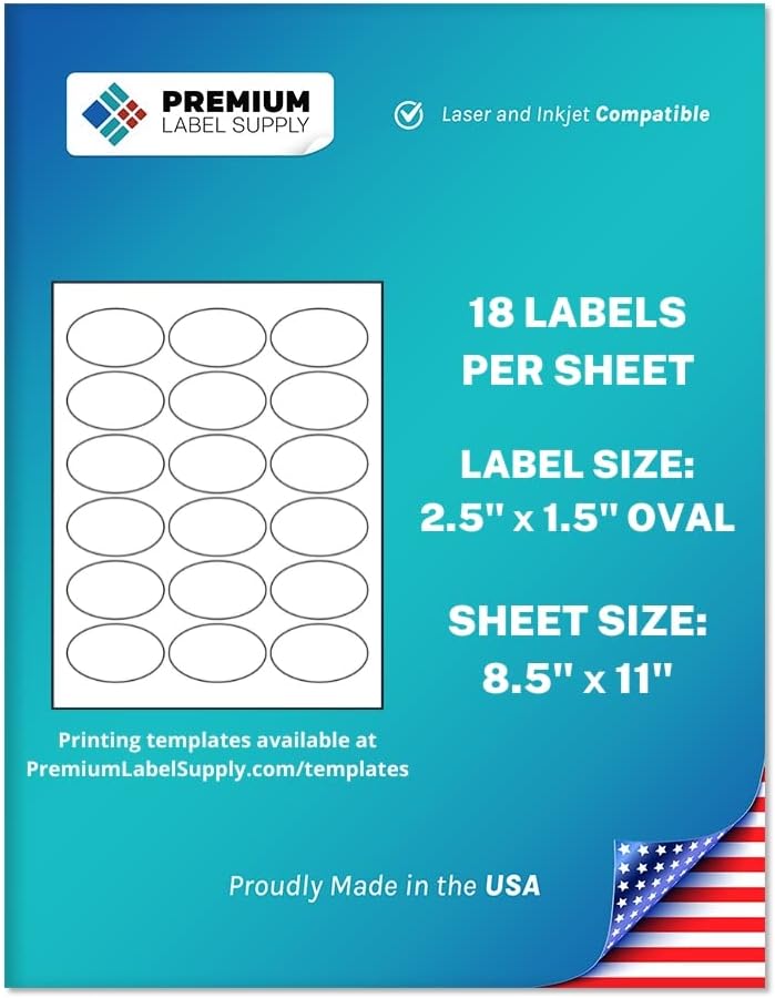 Premium Label Supply White Sticker Oval Labels – 2.5" x 1.5" Oval – Laser/Inkjet Compatible – (18 per Sheet), 500 Sheets – 9,000 Total Adhesive Labels