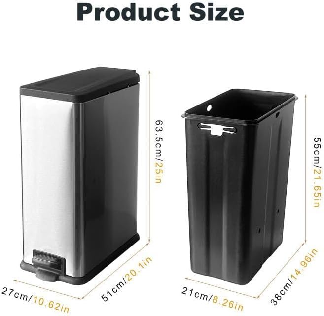 12 Gallon Trash Can with Lid，45L Kitchen Garbage Can,Stainless Steel Trash Can for Narrow Spaces with Soft-Close Lid, Inner Bucket, and Step-on Pedal