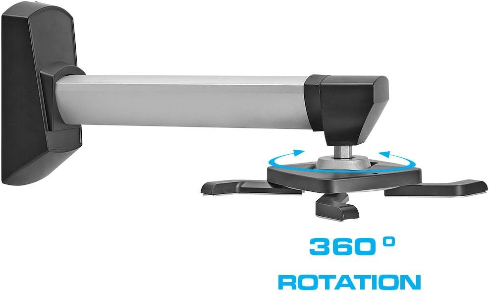 Cmple - Aluminum Short Throw Projector Wall Mount, Tilt & 360 Degree Swivel Wall Projector Bracket Mount with Telescopic Slide for LCD LED Projectors - Max 22lbs (Silver/Black)