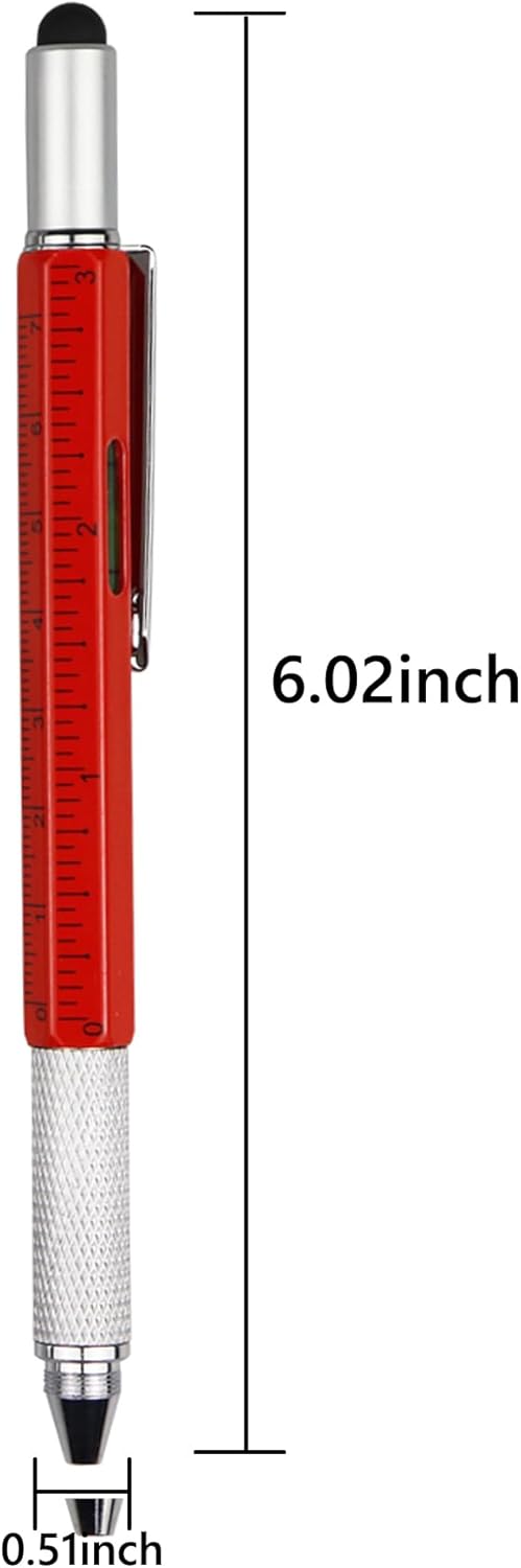 DUNBONG Metal Multi tool Pen 6-in-1 Stylus Pen - With Screwdriver, Ballpoint Pen Black ink, Stylus pen, Level and Ruler, 1-Count (Red)