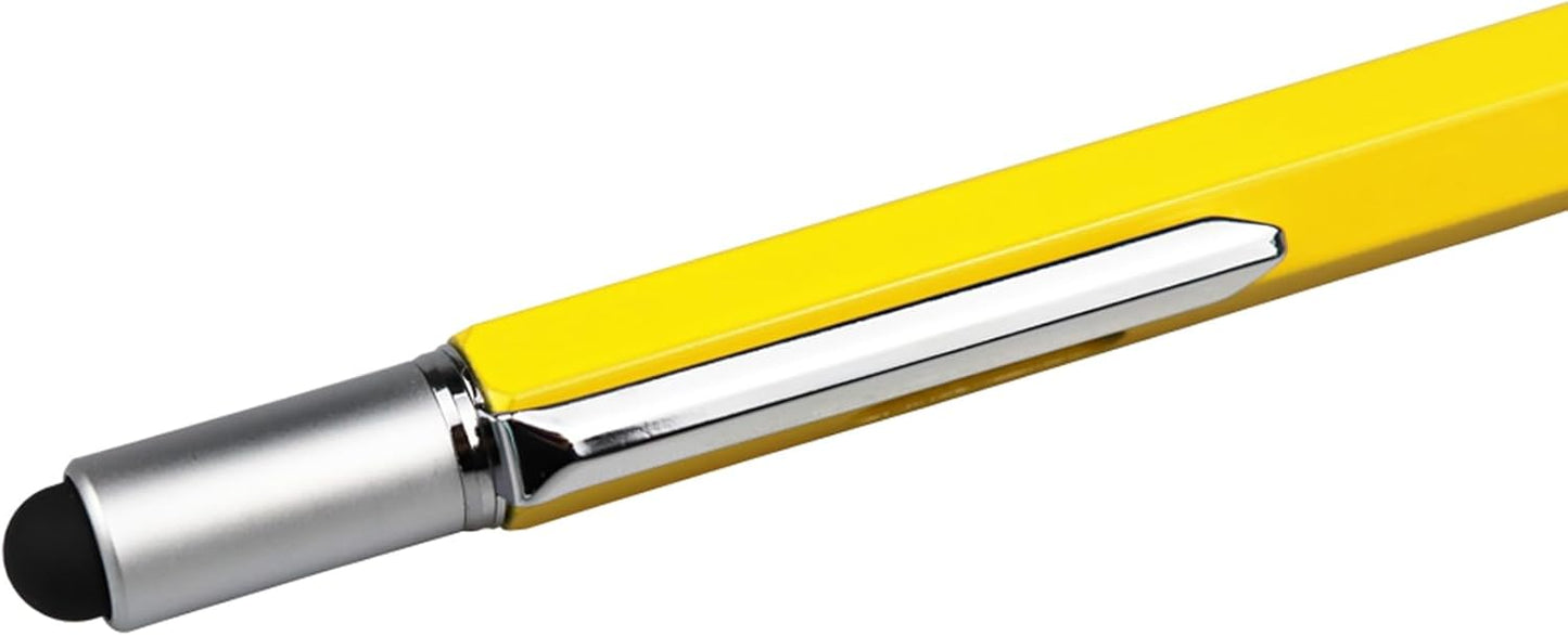 DUNBONG Metal Multi tool Pen 6-in-1 Stylus Pen - With Screwdriver, Ballpoint Pen Black ink, Stylus pen, Level and Ruler, 1-Count (Yellow)