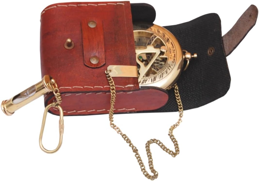 Brass Sundial Compass with Leather Case - Compass Gift for Men - Anniversary Sundial Compass Gift for Him or Her–Antique Brass & Copper-Sundial Clock in Box Gift