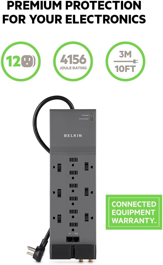 Belkin 12-Outlet Power Strip Surge Protector with 10-Foot Cord and Telephone, Ethernet, Coaxial Protection, BE112234-10, Gray -(Pack of 3)