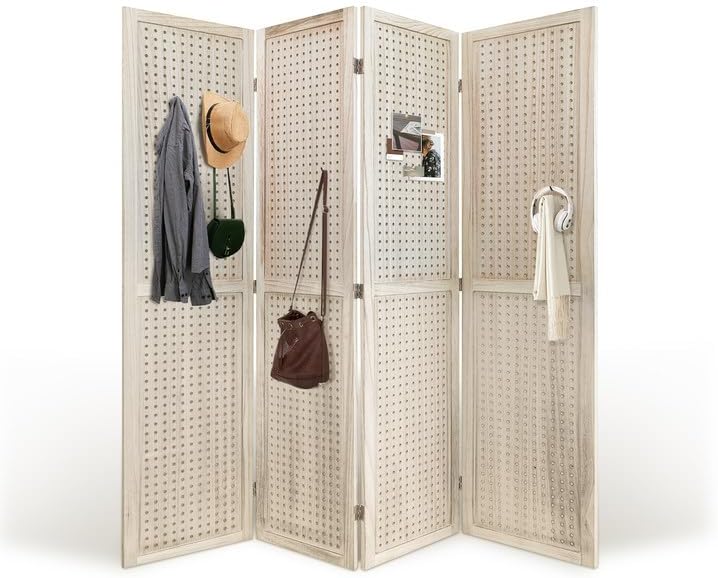 Room Divider, 5.6FT Folding Room Divider Panel, 4 Panel Pegboard Display Wood Partition Wall Divider for Room Separation& Craft Shows, Natural Wood