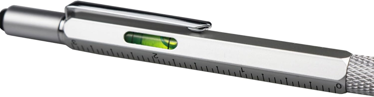 DUNBONG Metal Multi tool Pen 6-in-1 Stylus Pen - With Screwdriver, Ballpoint Pen Black ink, Stylus pen, Level and Ruler, 1-Count (Silver)