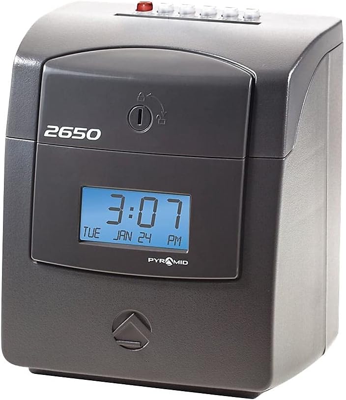 Pyramid Time Systems - Pyramid Technologies 2650 Pro Auto Aligning Time Clock, Bundle Includes: 25 Time Cards, Ribbon and 2 Security Keys - Charcoal (5 "h x 7.25 "w x 8.5" d)