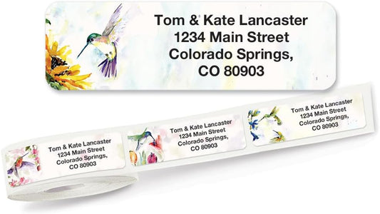 Colorful Images Fluttering Hummingbirds Rolled Personalized Return Address Mailing Labels with Dispenser, Customize with Name & Shipping Address, 250 ¾” x 2½ Self Adhesive, Easy Peel Label Roll