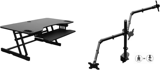 Rocelco 45" Height Adjustable Standing Desk Converter with Triple Monitor Mount and Slide Out Retractable Keyboard Tray - Sit Stand Up Three Screen Tabletop Riser Workstation - Black (R ADRB-45-DM3)