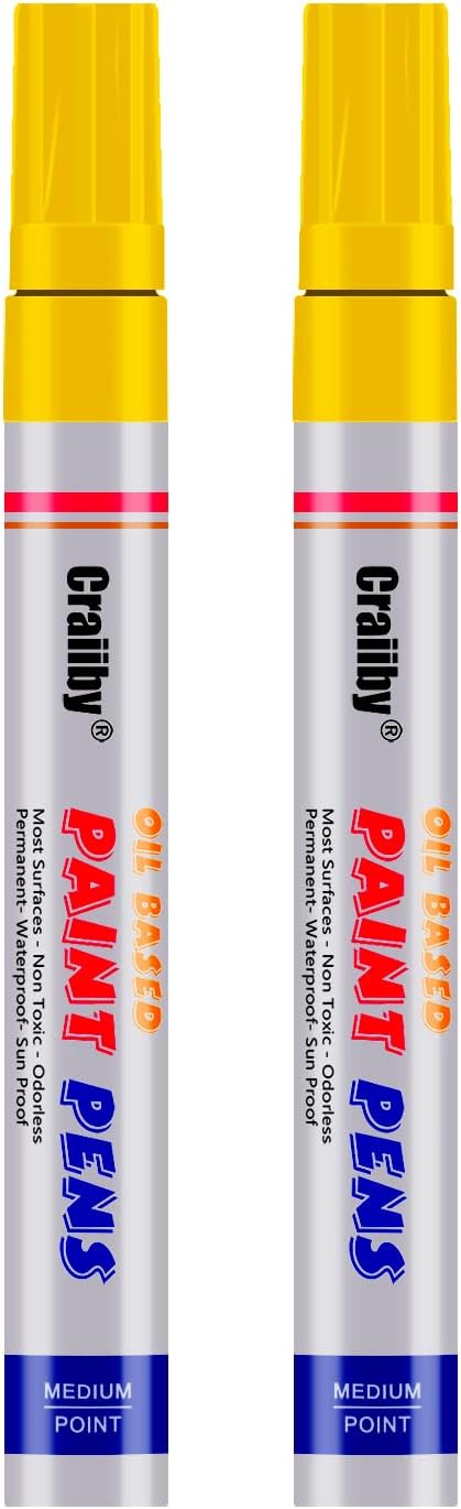 Yellow Paint Markers, 2 Pack Oil-Based Waterproof Quick Dry Permanent Paint Pen Set for Rocks Painting, Wood, Fabric, Plastic, Canvas, Glass, Mugs, Metal, Tire, Stone, DIY Craft