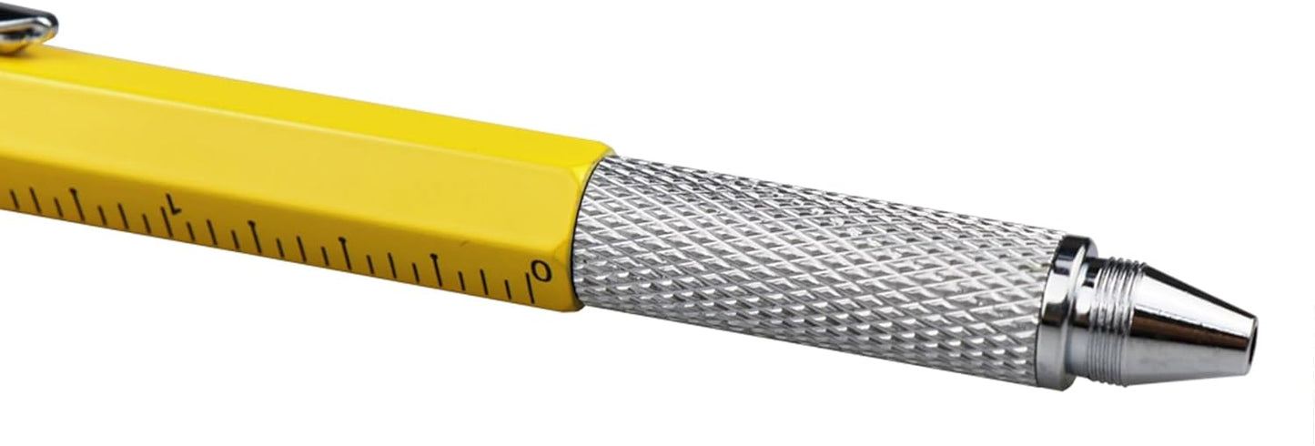 DUNBONG Metal Multi tool Pen 6-in-1 Stylus Pen - With Screwdriver, Ballpoint Pen Black ink, Stylus pen, Level and Ruler, 1-Count (Yellow)