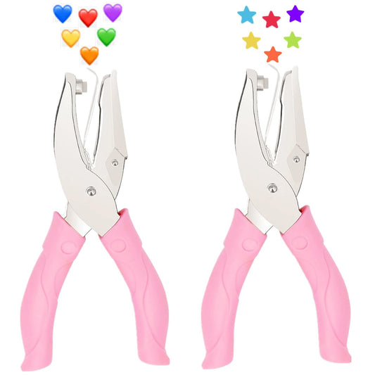 2 Pieces Metal Handheld Hole Paper Punches, Heart and Star Shape Single Hole Paper Punch with Pink Soft Grip Handles, Tag Puncher Set for DIY Craft Tags, Clothing Tickets, Scrapbook Tools
