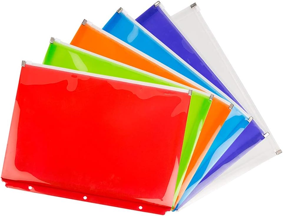 JAM PAPER Plastic 3 Hole Punch Binder Envelopes with Zip Closure - Letter Booklet - 9 3/4 x 13 - Assorted Colors - 6/Pack