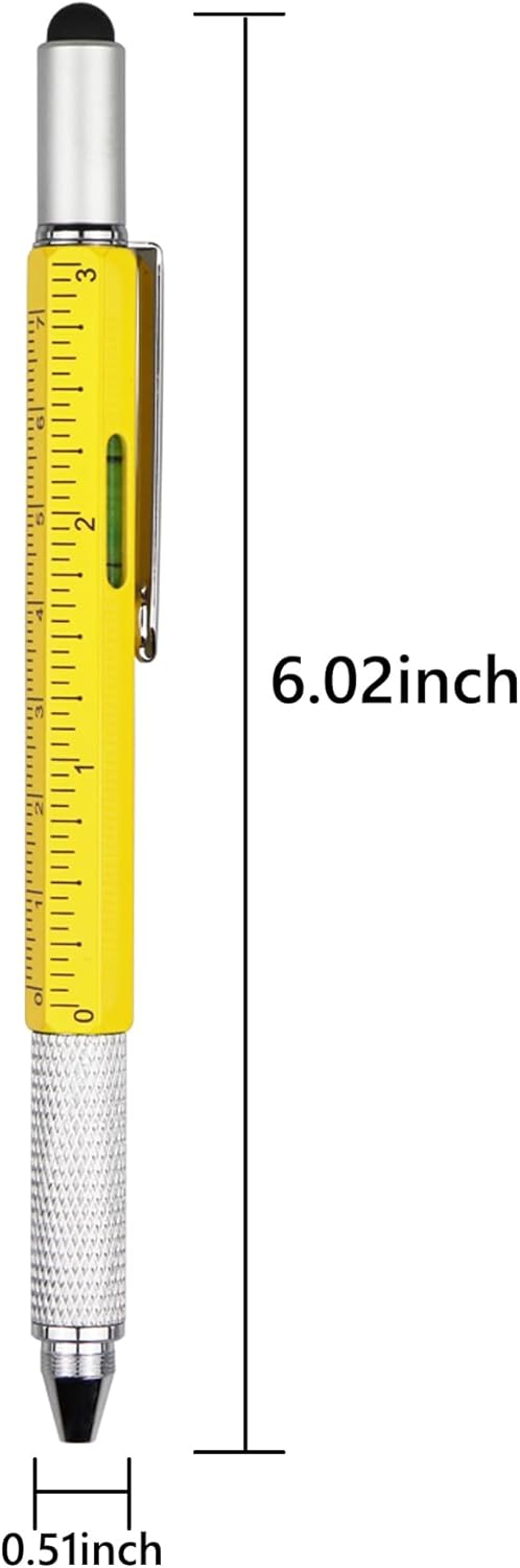 DUNBONG Metal Multi tool Pen 6-in-1 Stylus Pen - With Screwdriver, Ballpoint Pen Black ink, Stylus pen, Level and Ruler, 1-Count (Yellow)