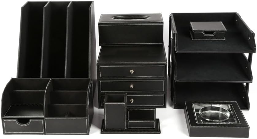 KINGFOM Pu Leather Desk Organizers and Accessories, 8 PCS/SET Office Supplies Organization with Magazine Files Holder, Stackable Paper Tray, Desktop Organizers with Drawer for Home Office School Black