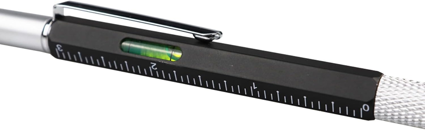 DUNBONG Metal Multi tool Pen 6-in-1 Stylus Pen - With Screwdriver, Ballpoint Pen Black ink, Stylus pen, Level and Ruler, 1-Count (Black)