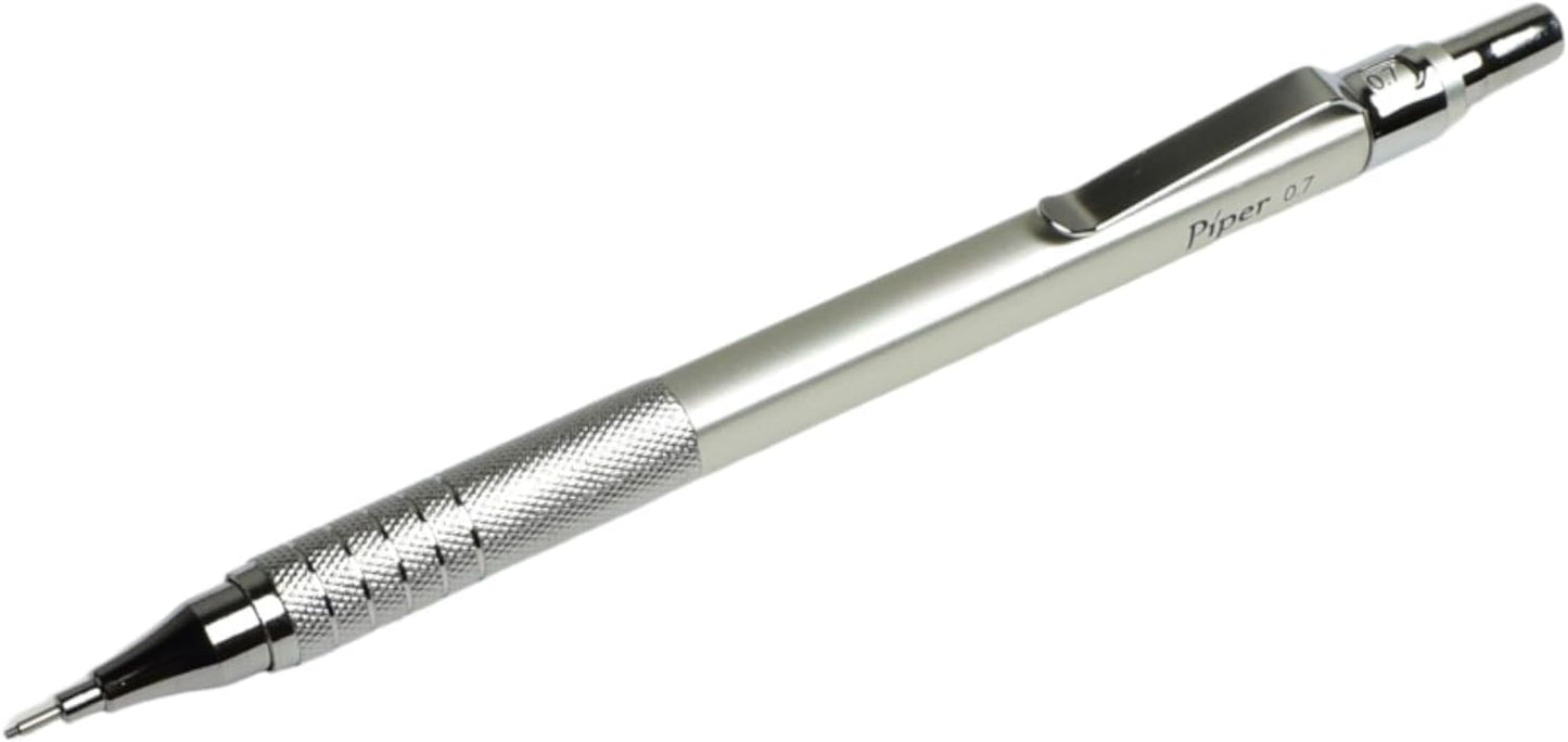 PIPER Quadrata Metal Mechanical Pencil 0.7mm with Erasers and HB #2 Lead Refills for Art, Sketching, Writing, Drafting (Satin Silver)