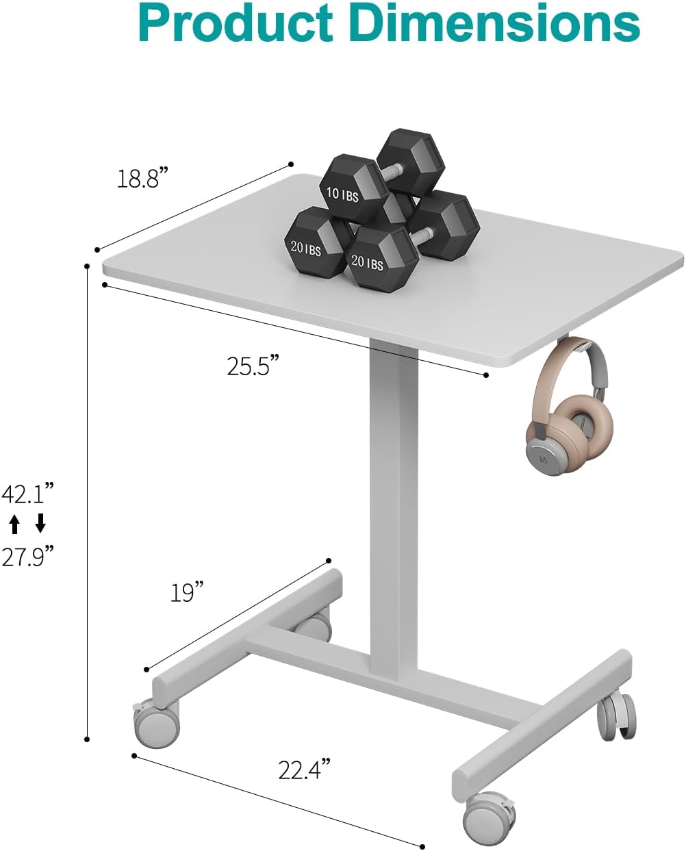 Mobile Small Standing Desk, Gas Spring Adjustable Height Rolling Portable Laptop Desk with Lockable Wheels, Computer Workstation, Rolling Podium (White, 17.8 * 25.5)