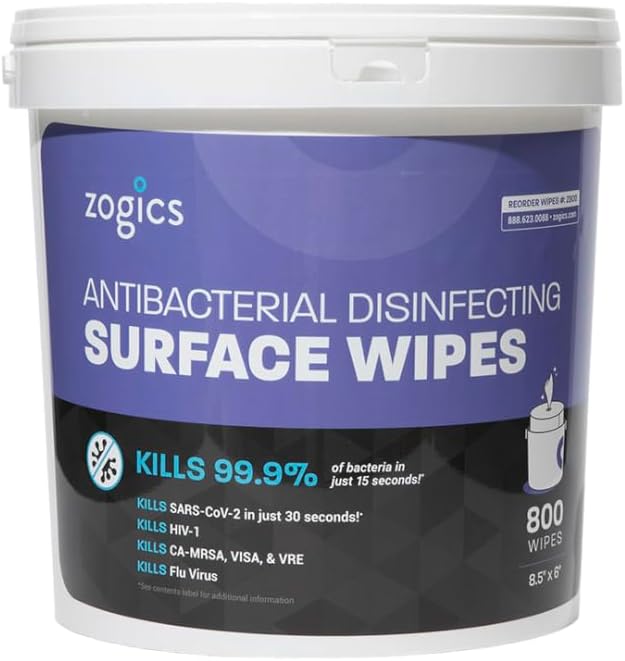 Zogics Antibacterial Wipes, EPA Registered Surface and Gym Equipment Disinfecting Wipes (800 Wipes) + Reusable Wipe Bucket Dispenser