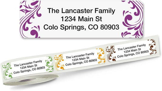 Colorful Images Elegant Swirl Rolled Personalized Return Address Mailing Labels with Dispenser, Customize with Name & Shipping Address, 250 ¾” x 2½” Self Adhesive, Easy Peel Label Roll