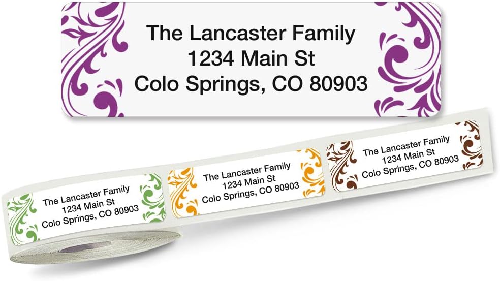 Colorful Images Elegant Swirl Rolled Personalized Return Address Mailing Labels with Dispenser, Customize with Name & Shipping Address, 500 ¾” x 2½” Self Adhesive, Easy Peel Label Roll