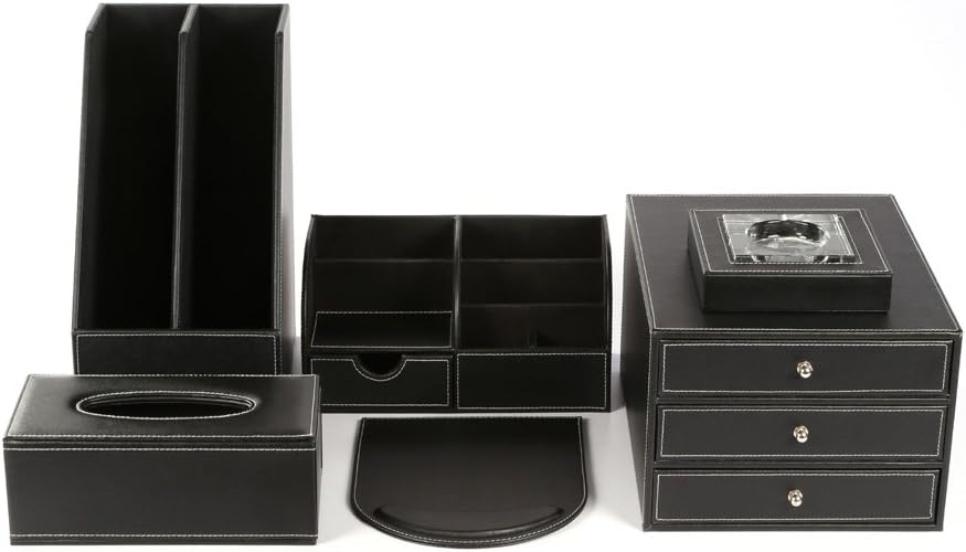 KINGFOM Office Desk Organizer Set 6 PCS Office Supply Synthetic Leather Desk Set Including Desk Organizer, Mouse Pad, File Cabinet, Document Holder, Crystal Holder and Tissue Box Holder (T02H)