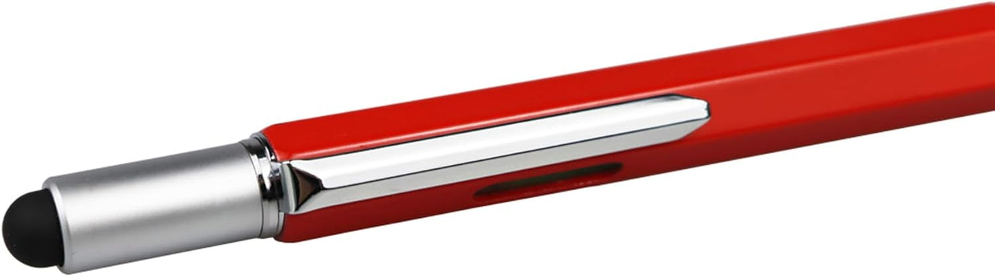 DUNBONG Metal Multi tool Pen 6-in-1 Stylus Pen - With Screwdriver, Ballpoint Pen Black ink, Stylus pen, Level and Ruler, 1-Count (Red)